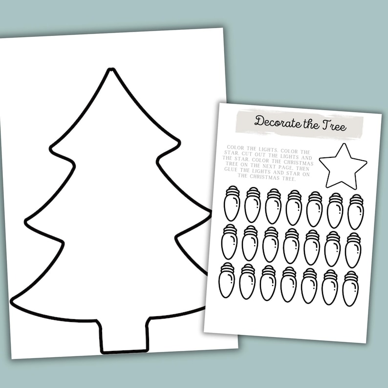 K&ouml;nnte beinhalten: Eine druckbare Weihnachtsbaum-Bastelvorlage f&uuml;r Kinder. Die Seite enth&auml;lt eine schwarz-wei&szlig;e Umrisszeichnung eines Weihnachtsbaums, eines Sterns und eines Blattes mit Weihnachtslichtern zum Ausmalen und Ausschneiden. Die Anleitung lautet: Male die Lichter und den Stern aus, schneide sie aus, male den Weihnachtsbaum aus und klebe dann die Lichter und den Stern auf den Baum.