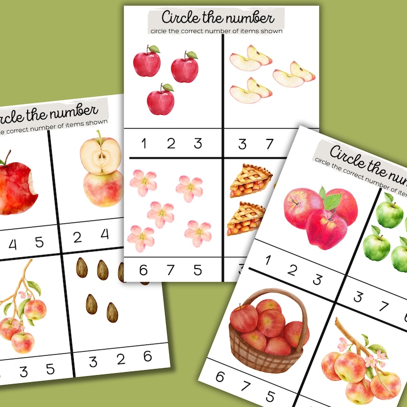 May include: Three printable worksheets with a fall theme. Each worksheet has a picture of different fall items and a set of numbers. The instructions are to circle the correct number of items shown in the picture.