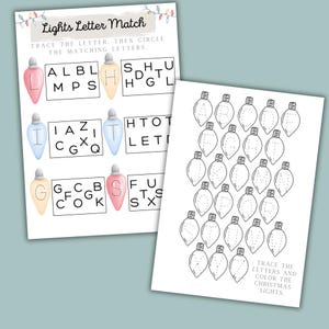 K&ouml;nnte beinhalten: Ein druckbares Arbeitsblatt f&uuml;r Kinder, um das Schreiben von Buchstaben zu &uuml;ben. Das Arbeitsblatt hat ein Weihnachtsmotiv mit Bildern von Gl&uuml;hbirnen. Das Arbeitsblatt enth&auml;lt den Text "Lights Letter Match" und "Trace the letter. Then circle the matching letters."