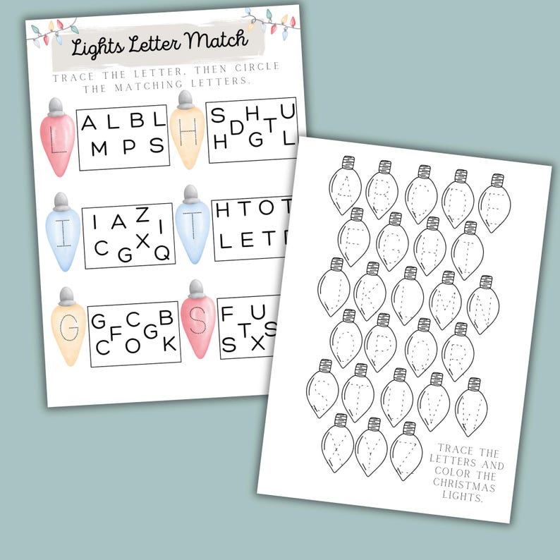 K&ouml;nnte beinhalten: Ein druckbares Arbeitsblatt f&uuml;r Kinder, um das Schreiben von Buchstaben zu &uuml;ben. Das Arbeitsblatt hat ein Weihnachtsmotiv mit Bildern von Gl&uuml;hbirnen. Das Arbeitsblatt enth&auml;lt den Text "Lights Letter Match" und "Trace the letter. Then circle the matching letters."