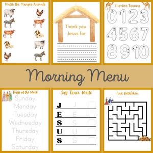 May include: A collection of educational worksheets with a gold border. The worksheets include matching animals, number tracing, writing practice, a maze, and a page that says "Thank you Jesus for". The words "Morning Menu" are also displayed.