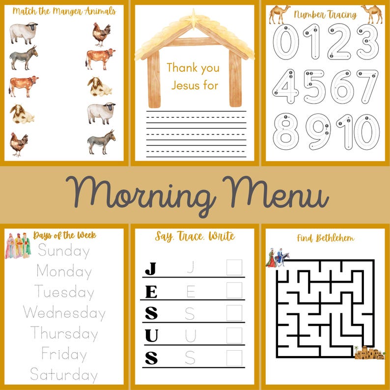 May include: A collection of educational worksheets with a gold border. The worksheets include matching animals, number tracing, writing practice, a maze, and a page that says "Thank you Jesus for". The words "Morning Menu" are also displayed.