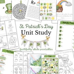 May include: A printable St. Patrick's Day unit study with activities for children. The unit includes a variety of activities, such as alphabet matching, counting, and colouring. The activities are all themed around St. Patrick's Day and feature shamrocks, leprechauns, and pots of gold.