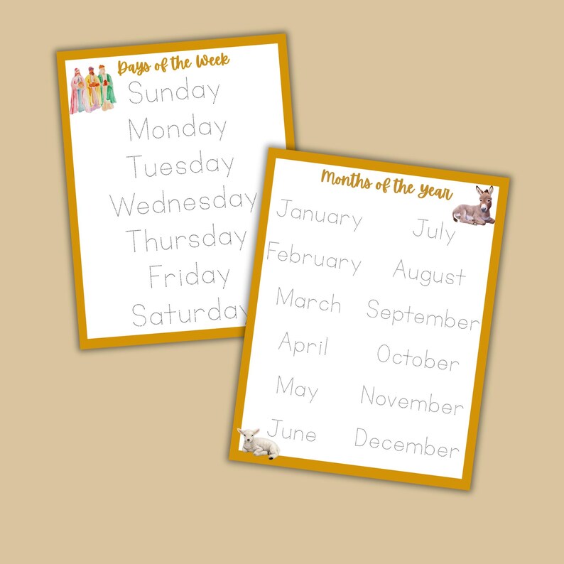 May include: Two educational worksheets with a gold border. One lists the days of the week, the other lists the months of the year. Each worksheet has illustrations of animals and people. The text is in a handwritten style.