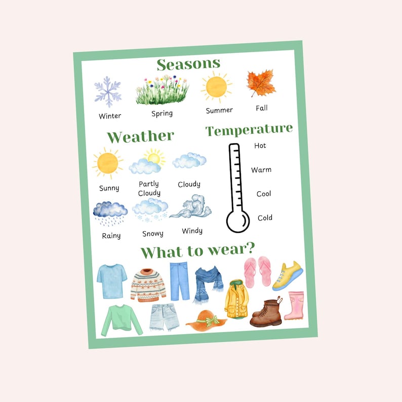 May include: A watercolor-style chart with the words "Seasons", "Weather", "Temperature", and "What to wear?" The chart shows illustrations of winter, spring, summer, and fall, along with weather conditions and clothing suggestions.