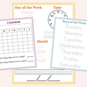 May include: Educational printables for kids featuring a calendar, clock, and days of the week. The pages are white with colorful text and borders. The calendar includes spaces for writing dates. The clock shows the time. The days of the week are listed.