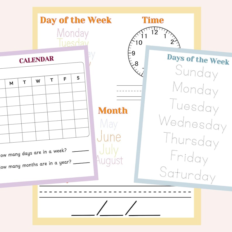 May include: Educational printables for kids featuring a calendar, clock, and days of the week. The pages are white with colorful text and borders. The calendar includes spaces for writing dates. The clock shows the time. The days of the week are listed.