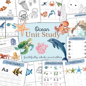 May include: A collection of educational printables with an ocean theme. Includes illustrations of sea creatures like jellyfish, dolphins, and octopuses. Features the text "Ocean Unit Study" and "faithfully abide printables". Also includes alphabet matching and counting activities.