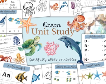 May include: A collection of educational printables with an ocean theme. Includes illustrations of sea creatures like jellyfish, dolphins, and octopuses. Features the text "Ocean Unit Study" and "faithfully abide printables". Also includes alphabet matching and counting activities.