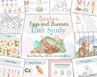 Può includere: Un set di attività educative stampabili a tema pasquale per bambini. Le attività includono un gioco del bingo, un gioco della memoria, un foglio di tracciamento delle lettere, un gioco di 'Io vedo', un puzzle di punti da unire, un labirinto e una pagina da colorare. Le attività presentano coniglietti, uova e altri simboli pasquali.