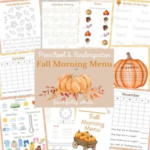 May include: A collection of printable preschool and kindergarten fall-themed activity sheets. Includes alphabet tracing, shape matching, calendar pages, weather charts, and a gratitude journal. Features pumpkins, leaves, and seasonal graphics.