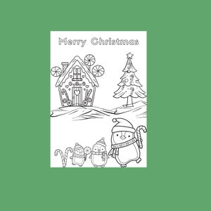 K&ouml;nnte beinhalten: Eine Schwarzwei&szlig;-Malvorlage mit einem Lebkuchenhaus, einem Weihnachtsbaum und drei Pinguinen. Der Text "Merry Christmas" befindet sich oben auf der Seite.