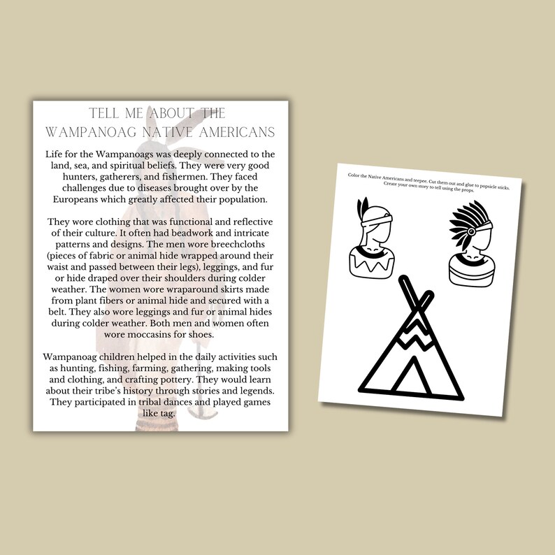 May include: Black and white illustration of a Wampanoag Native American, a teepee, and a traditional headdress. The text "Tell Me About The Wampanoag Native Americans" is at the top of the page. The text below describes the Wampanoag people and their culture.