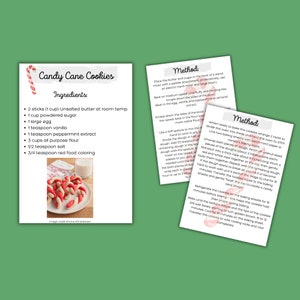 K&ouml;nnte beinhalten: Eine druckbare Rezeptkarte f&uuml;r Lebkuchen-Kekse. Das Rezept enth&auml;lt Zutaten wie ungesalzene Butter, Puderzucker, ein Ei, Vanilleextrakt, Pfefferminzextrakt, Mehl, Salz und rote Lebensmittelfarbe. Das Rezept enth&auml;lt auch Anweisungen zum Mischen und Backen der Kekse.