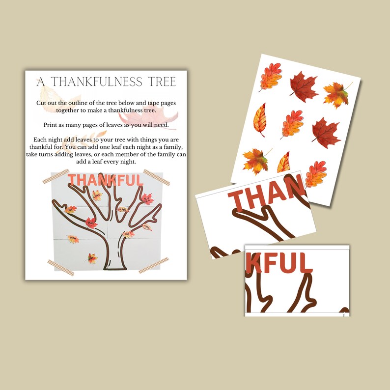 May include: A printable Thanksgiving craft activity for children. The image shows a tree outline with the word "THANKFUL" written on it. There are also printable leaves and the words "THANKFUL" to cut out and add to the tree.