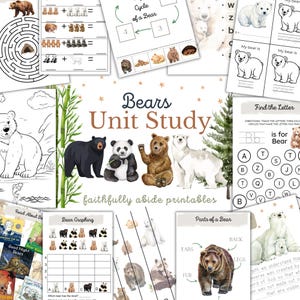 May include: A collection of educational printables for a bear unit study. The image features various bear illustrations, including black, panda, brown, and polar bears, along with worksheets, mazes, and reading materials. The title "Bears Unit Study" is prominently displayed.