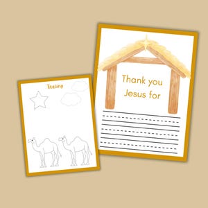 May include: Two educational activity sheets with a gold border. One sheet has the word "Tracing" and outlines of a star, clouds, and camels. The other sheet says "Thank you Jesus for" above lined writing space and a watercolor illustration of a manger.