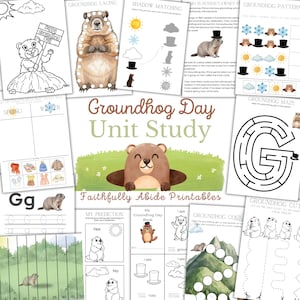 May include: A collection of Groundhog Day-themed educational printables. The pages include activities like shadow matching, mazes, and counting exercises. The title "Groundhog Day Unit Study" is displayed prominently, with illustrations of groundhogs.