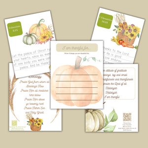 May include: A printable Thanksgiving gratitude journal featuring a watercolour pumpkin design. The journal includes a space to write three things you are thankful for, along with Bible verses and a doxology.