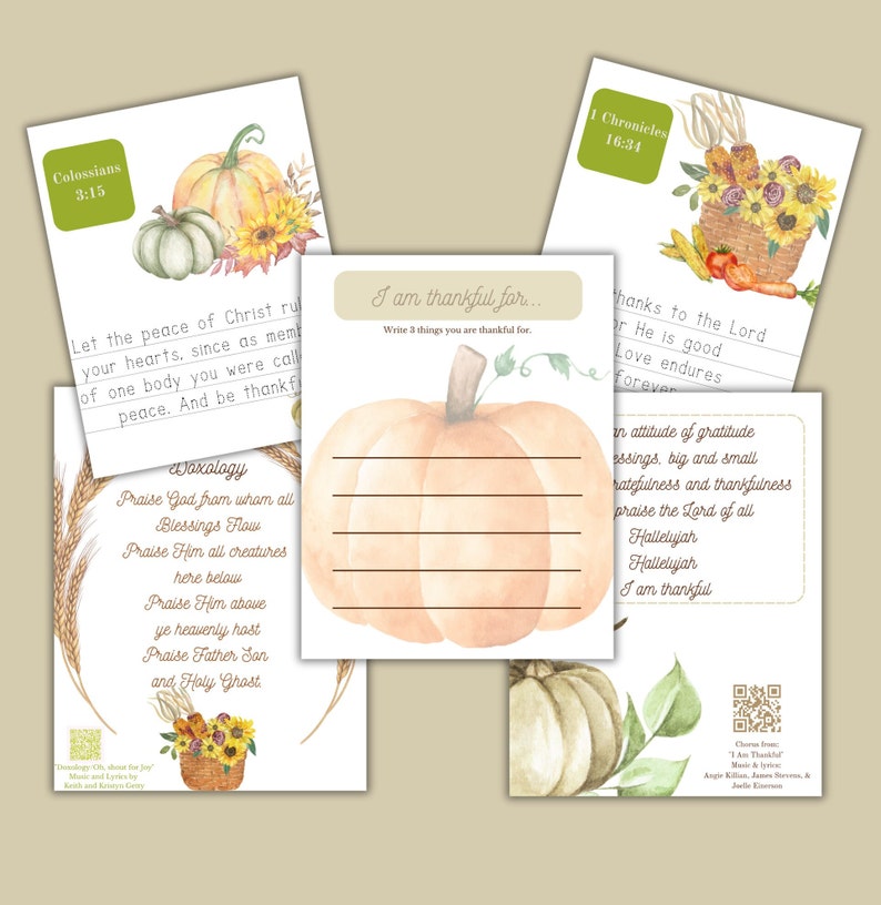May include: A printable Thanksgiving gratitude journal featuring a watercolour pumpkin design. The journal includes a space to write three things you are thankful for, along with Bible verses and a doxology.