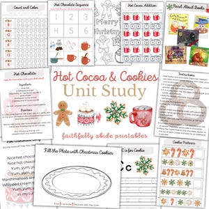 May include: A printable unit study for children featuring hot chocolate and cookies. The unit includes activities such as counting, colouring, sequencing, addition, and reading. The unit also includes a recipe for hot chocolate and instructions for making Christmas cookies.