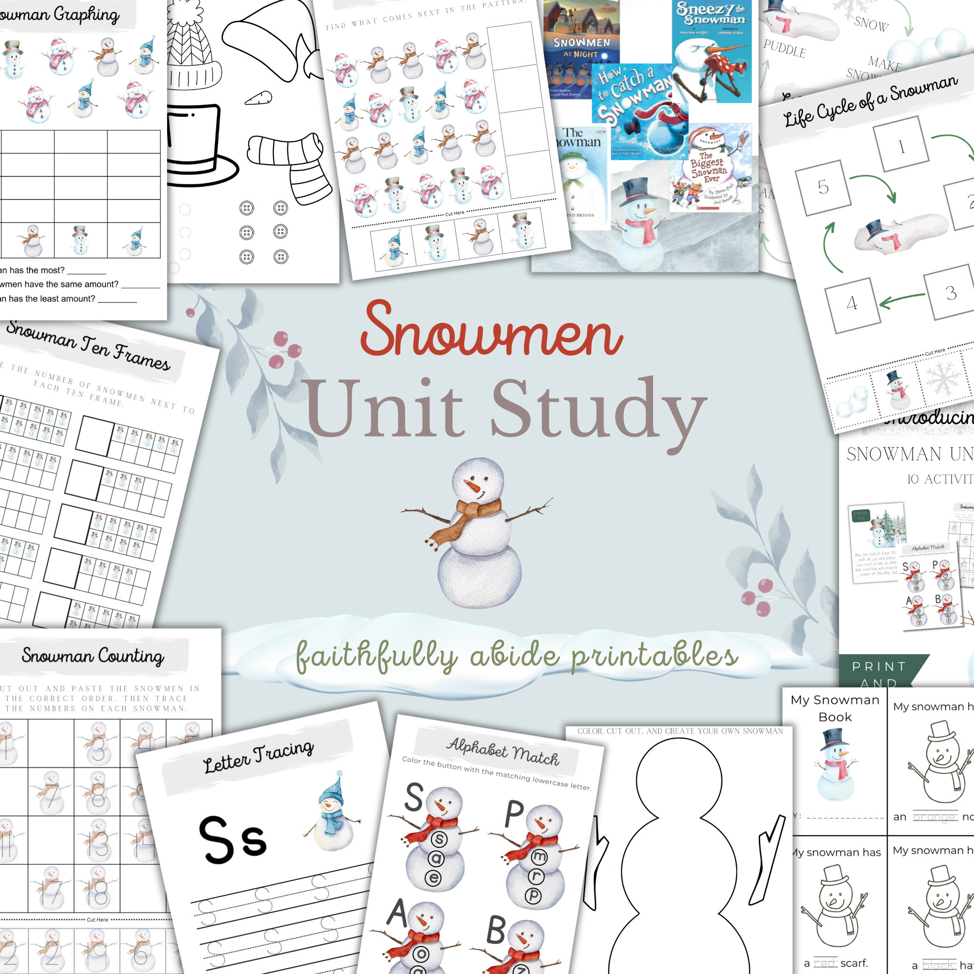 SNOWMEN Mini Unit Study, Christmas Printable Worksheets, Homeschool Printable, Montessori, INSTANT download, Snowman Themed Printable,