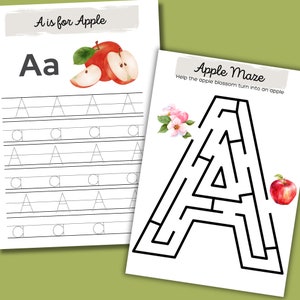May include: A printable worksheet for kids to learn the letter A. The worksheet features a red apple, the letter A in uppercase and lowercase, and a maze shaped like the letter A. The text on the worksheet says "A is for Apple" and "Apple Maze".