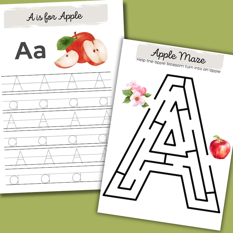 May include: A printable worksheet for kids to learn the letter A. The worksheet features a red apple, the letter A in uppercase and lowercase, and a maze shaped like the letter A. The text on the worksheet says "A is for Apple" and "Apple Maze".