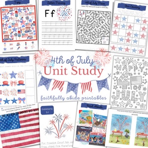 May include: A printable 4th of July unit study with activities for kids. The activities include a maze, a star counting activity, a letter tracing activity, a pattern recognition activity, a find the differences activity, and a coloring page. The unit study also includes a list of suggested read-alouds and a scripture reference.
