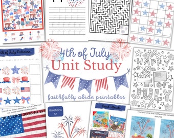 May include: A printable 4th of July unit study with activities for kids. The activities include a maze, a star counting activity, a letter tracing activity, a pattern recognition activity, a find the differences activity, and a coloring page. The unit study also includes a list of suggested read-alouds and a scripture reference.