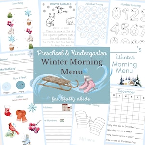 Puede incluir: Una colección de hojas de trabajo con temática de invierno para preescolar y jardín de infancia. Incluye actividades de trazado, emparejamiento y coloreado. Presenta ilustraciones de patines de hielo, un trineo, copos de nieve y animales de invierno. El título "Winter Morning Menu".