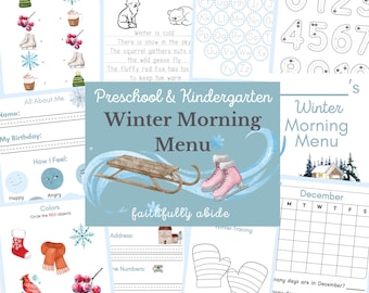 WINTER MORNING MENU, Preschool, Kindergarten, Homeschool, Morning Time Bundle, Morning Basket, Handwriting, Montessori, Instant Download