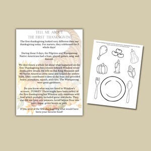 May include: A black and white colouring page featuring a plate, fork, spoon, and various Thanksgiving foods such as a turkey, pumpkin, corn, beans, and a candle. The text "Tell me about the first Thanksgiving" is at the top of the page.