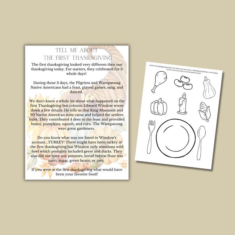 May include: A black and white colouring page featuring a plate, fork, spoon, and various Thanksgiving foods such as a turkey, pumpkin, corn, beans, and a candle. The text "Tell me about the first Thanksgiving" is at the top of the page.