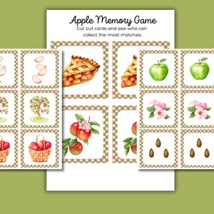 May include: A printable apple-themed memory game with 12 cards featuring images of apples, apple pie, apple blossoms, and apple seeds. The cards are designed with a red and green checkered pattern.