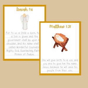 May include: Two watercolor-style cards with gold borders. One card features an angel and text from Isaiah 9:6. The other card shows a manger with a baby and text from Matthew 1:21. The cards are on a beige background.