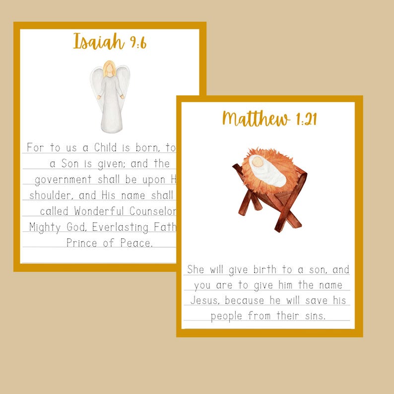 May include: Two watercolor-style cards with gold borders. One card features an angel and text from Isaiah 9:6. The other card shows a manger with a baby and text from Matthew 1:21. The cards are on a beige background.