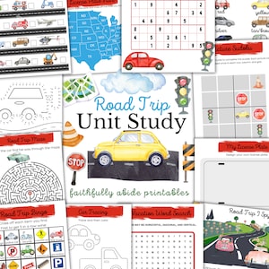 Puede incluir: Un conjunto de hojas de trabajo educativas imprimibles para niños con el tema de un viaje por carretera. Las hojas de trabajo incluyen un laberinto, un juego de bingo, una búsqueda de palabras, un trazado de coches y una actividad de matrícula. Las hojas de trabajo están ilustradas con coches de dibujos animados coloridos y señales de tráfico.