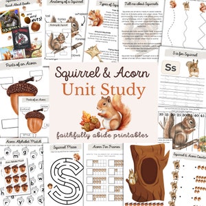 May include: A printable educational unit study for kids about squirrels and acorns. The unit includes a variety of activities, such as a squirrel maze, an acorn alphabet match, and a squirrel and acorn counting activity. The unit also includes a title page with a cute illustration of a squirrel holding an acorn.