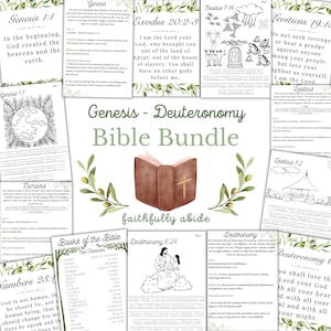 Peut inclure: Un lot d'études bibliques imprimables pour enfants avec des pages à colorier, des activités et des versets bibliques de la Genèse à Deutéronome. Le lot comprend une page de titre avec une illustration aquarelle d'une Bible ouverte et de branches d'olivier.