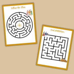 May include: Two white paper mazes with gold borders. One maze is circular with the text "Follow the Star" and an illustration of three figures. The other maze is rectangular with the text "Find Bethlehem" and an illustration of figures and buildings.