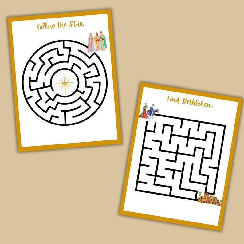 May include: Two white paper mazes with gold borders. One maze is circular with the text "Follow the Star" and an illustration of three figures. The other maze is rectangular with the text "Find Bethlehem" and an illustration of figures and buildings.