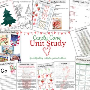 K&ouml;nnte beinhalten: Eine druckbare Unterrichtseinheit zum Unterrichten von Kindern &uuml;ber Zuckerstangen. Die Einheit umfasst Aktivit&auml;ten wie Z&auml;hlen, Ausmalen, Lesen und das Backen von Zuckerstangen-Keksen. Der Titel der Einheit lautet "Candy Cane Unit Study" und der Slogan lautet "Faithfully Abide Printables".
