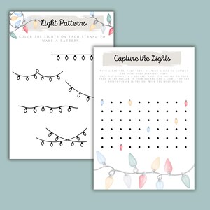 K&ouml;nnte beinhalten: Ein druckbares Weihnachtsaktivit&auml;tsblatt mit zwei Spielen. Das erste Spiel hei&szlig;t "Light Patterns" und fordert den Spieler auf, die Lichter an jeder Lichterkette zu f&auml;rben, um ein Muster zu erstellen. Das zweite Spiel hei&szlig;t "Capture the Lights" und ist ein Punkte-Verbindungsspiel f&uuml;r zwei Spieler.