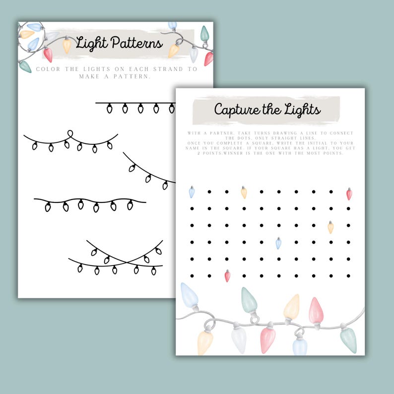 K&ouml;nnte beinhalten: Ein druckbares Weihnachtsaktivit&auml;tsblatt mit zwei Spielen. Das erste Spiel hei&szlig;t "Light Patterns" und fordert den Spieler auf, die Lichter an jeder Lichterkette zu f&auml;rben, um ein Muster zu erstellen. Das zweite Spiel hei&szlig;t "Capture the Lights" und ist ein Punkte-Verbindungsspiel f&uuml;r zwei Spieler.