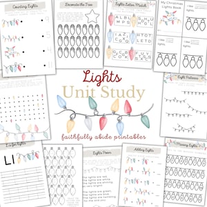 K&ouml;nnte beinhalten: Ein druckbares Einheiten-Studium f&uuml;r Kinder mit einer Vielzahl von Aktivit&auml;ten rund um Weihnachtslichter. Die Aktivit&auml;ten umfassen Z&auml;hlen, Zuordnen, Dekorieren und Schreiben. Der Titel des Einheiten-Studiums lautet "Lights Unit Study" und der Slogan ist "faithfully abide printables".