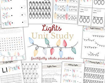Christmas LIGHTS Mini Unit Study, Christmas Printable Worksheets, Homeschool Printable, Montessori, INSTANT download, Lights Theme Printable
