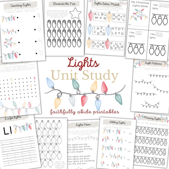 Christmas LIGHTS Mini Unit Study, Christmas Printable Worksheets, Homeschool Printable, Montessori, INSTANT download, Lights Theme Printable