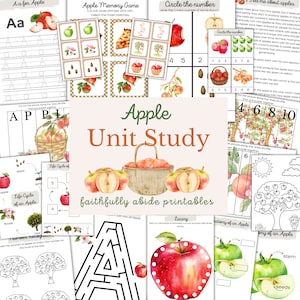 May include: A set of printable educational worksheets for a unit study on apples. The worksheets feature various activities, including a memory game, counting, tracing, and a life cycle diagram. The worksheets are illustrated with watercolor drawings of apples, leaves, and trees.