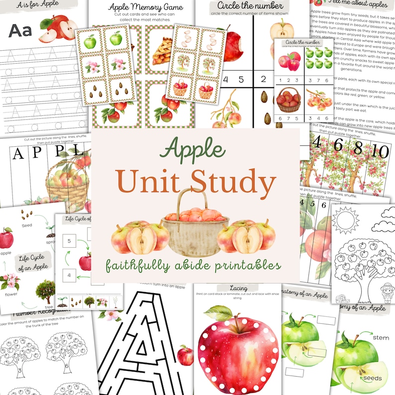 May include: A set of printable educational worksheets for a unit study on apples. The worksheets feature various activities, including a memory game, counting, tracing, and a life cycle diagram. The worksheets are illustrated with watercolor drawings of apples, leaves, and trees.